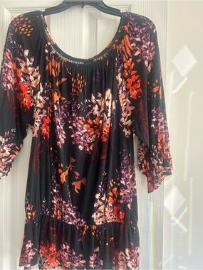 Floral Long-Sleeve Peasant Blouse with Orange & Purple Accents